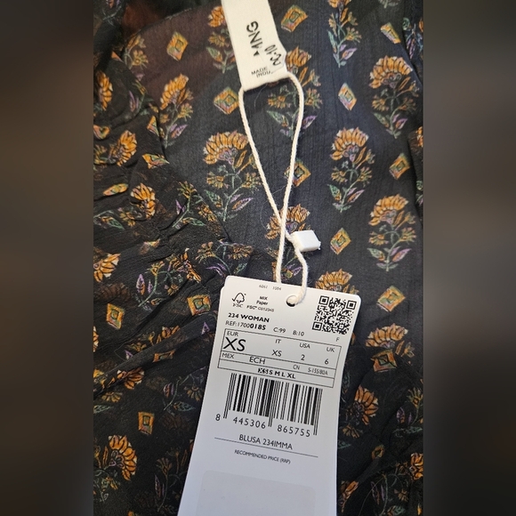 MANGO Black & Yellow Floral Ruffled Mock WrapTop. Size XS NWT - Picture 6 of 13